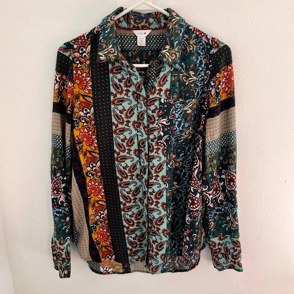 Intro Boho Petite Patchwork Shirt Womens Size Medium Paisley Floral Button-Down